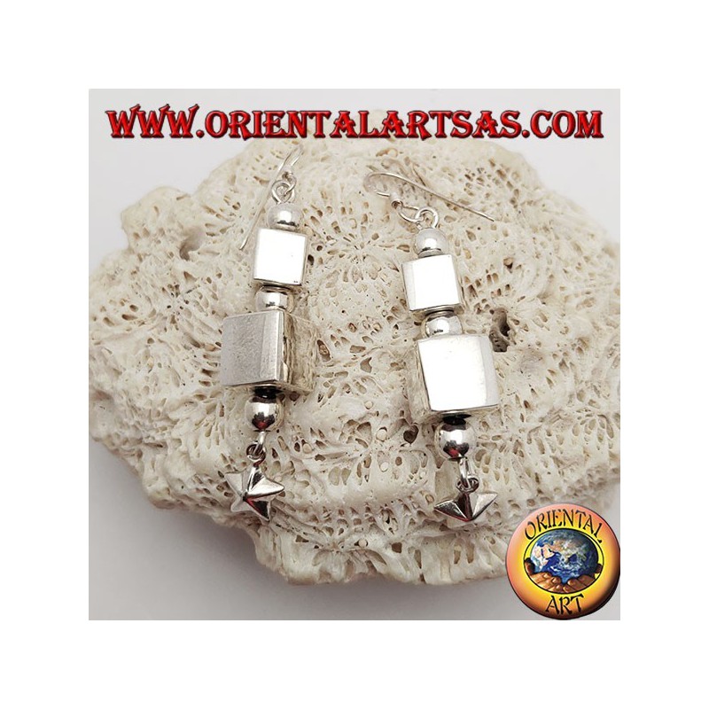 Silver earrings with parallelepipeds and alternating spheres with final hanging star