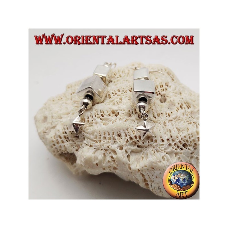 Silver earrings with parallelepipeds and alternating spheres with final hanging star