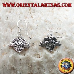 Silver earrings with heart pendant and band with "love" writing