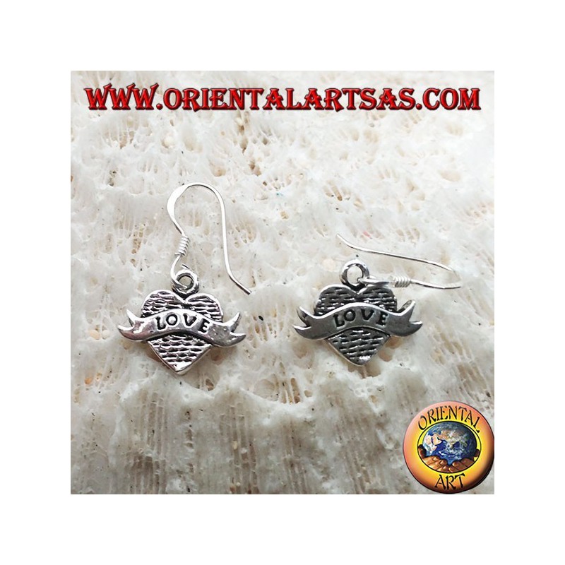 Silver earrings with heart pendant and band with "love" writing
