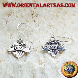 Silver earrings with heart pendant and band with "love" writing