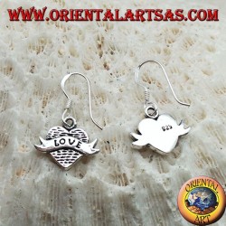 Silver earrings with heart pendant and band with "love" writing