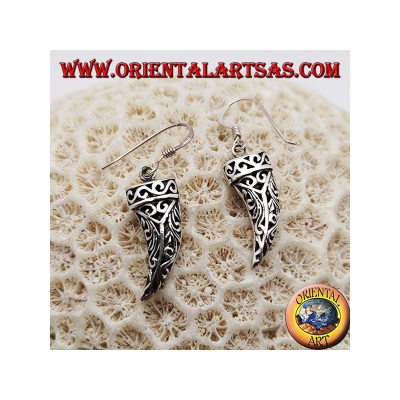 Silver earrings in the shape of an openwork lucky horn with floral decorations