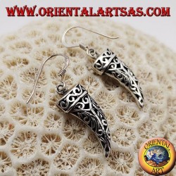 Silver earrings in the shape of an openwork lucky horn with floral decorations