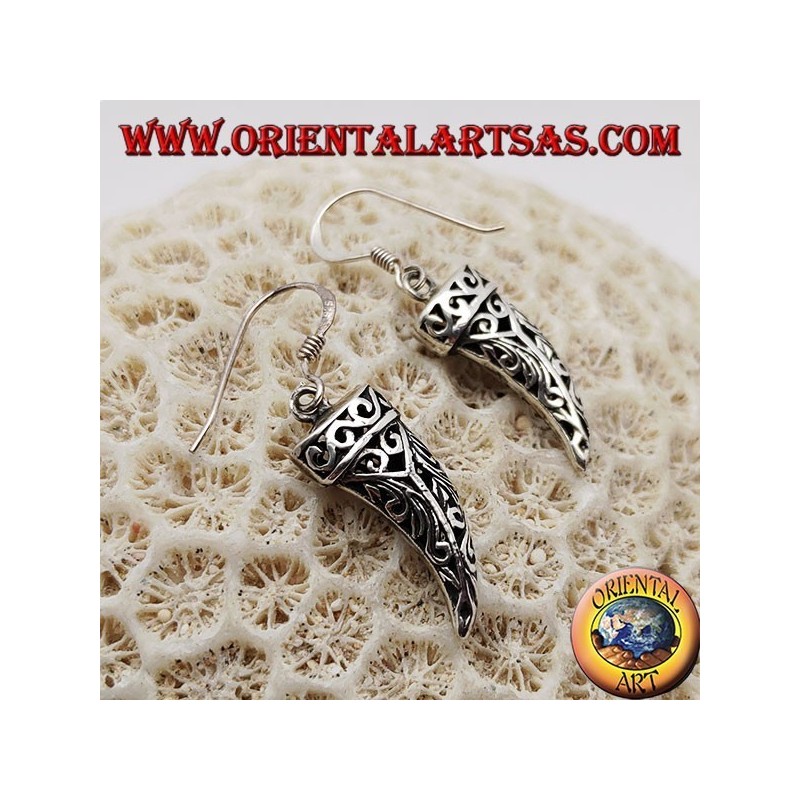 Silver earrings in the shape of an openwork lucky horn with floral decorations