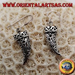 Silver earrings in the shape of an openwork lucky horn with floral decorations
