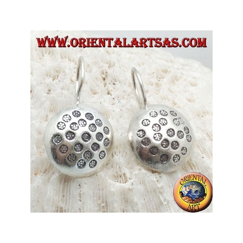 Silver earrings, rounded circle with bas-relief hammered discs