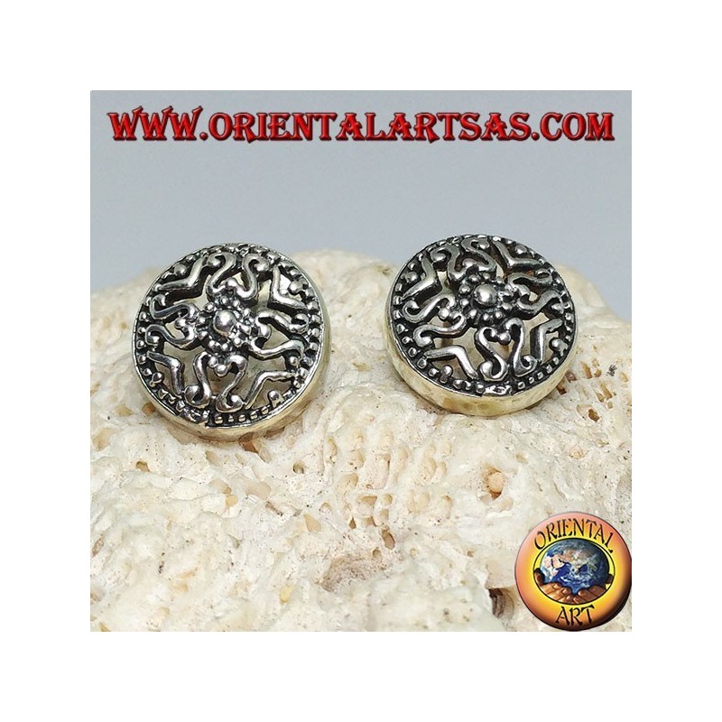 Round lobe silver earrings with perforated ethnic decorations