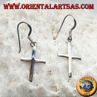 Silver earrings with simple smooth Christian cross pendant