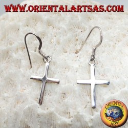 Silver earrings with simple smooth Christian cross pendant