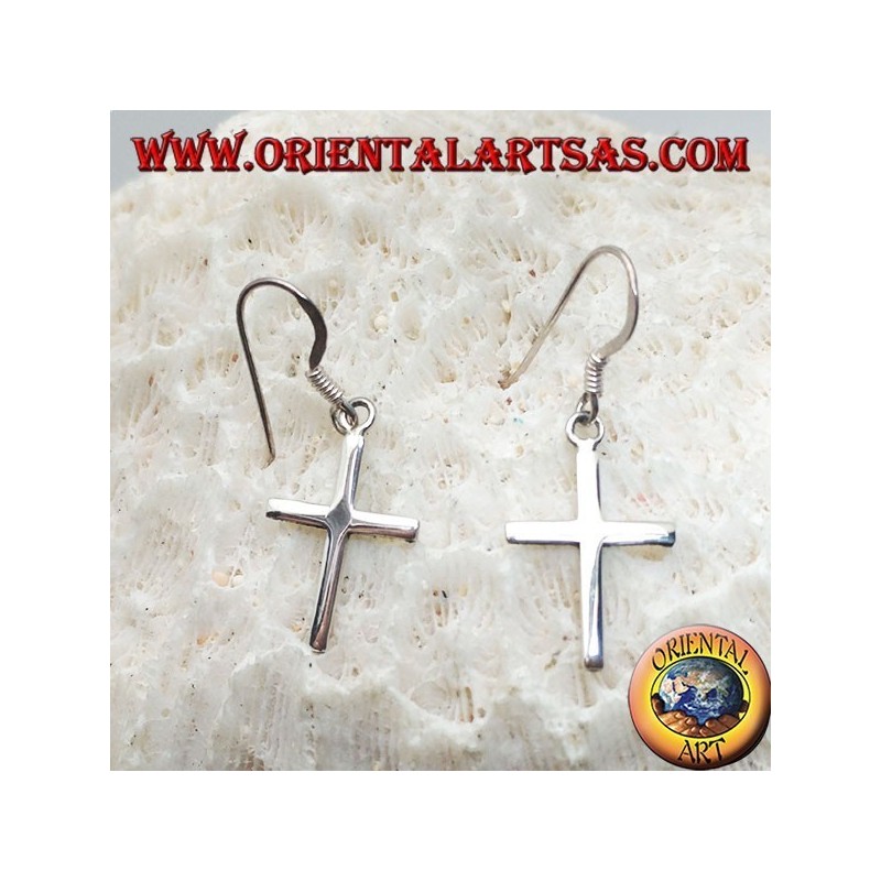 Silver earrings with simple smooth Christian cross pendant