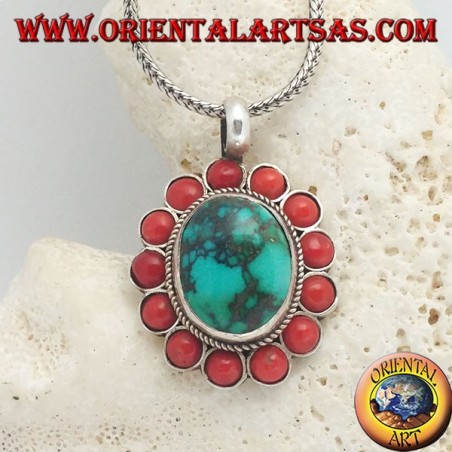 Large flower silver pendant with Tibetan natural oval turquoise and round corals
