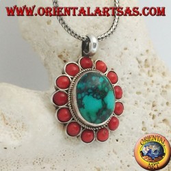 Gran colgante de flores de plata con turquesas ovales naturales tibetanas y corales redondos