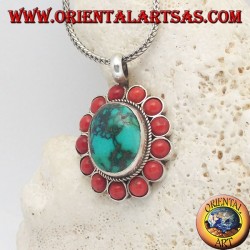 Large flower silver pendant with Tibetan natural oval turquoise and round corals
