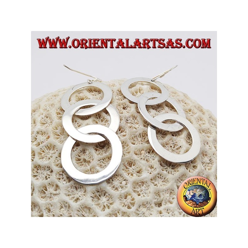 Boucles d'oreilles en argent avec trois pendentifs chaînés lisses et plats