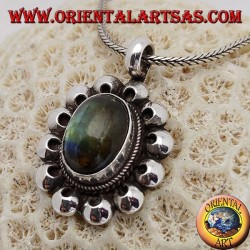 Silver pendant with oval fluorescent labradorite surrounded by perforated discs