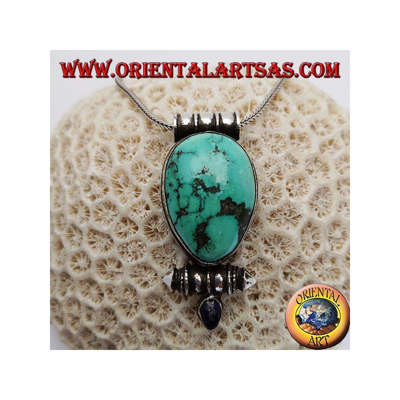 Gran colgante de flores de plata con turquesas ovales naturales tibetanas y corales redondos