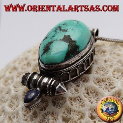 Silver "Gao Kalachakra" box pendant with antique Tibetan teardrop turquoise
