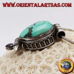 Silver "Gao Kalachakra" box pendant with antique Tibetan teardrop turquoise