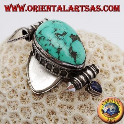 Gran colgante de flores de plata con turquesas ovales naturales tibetanas y corales redondos