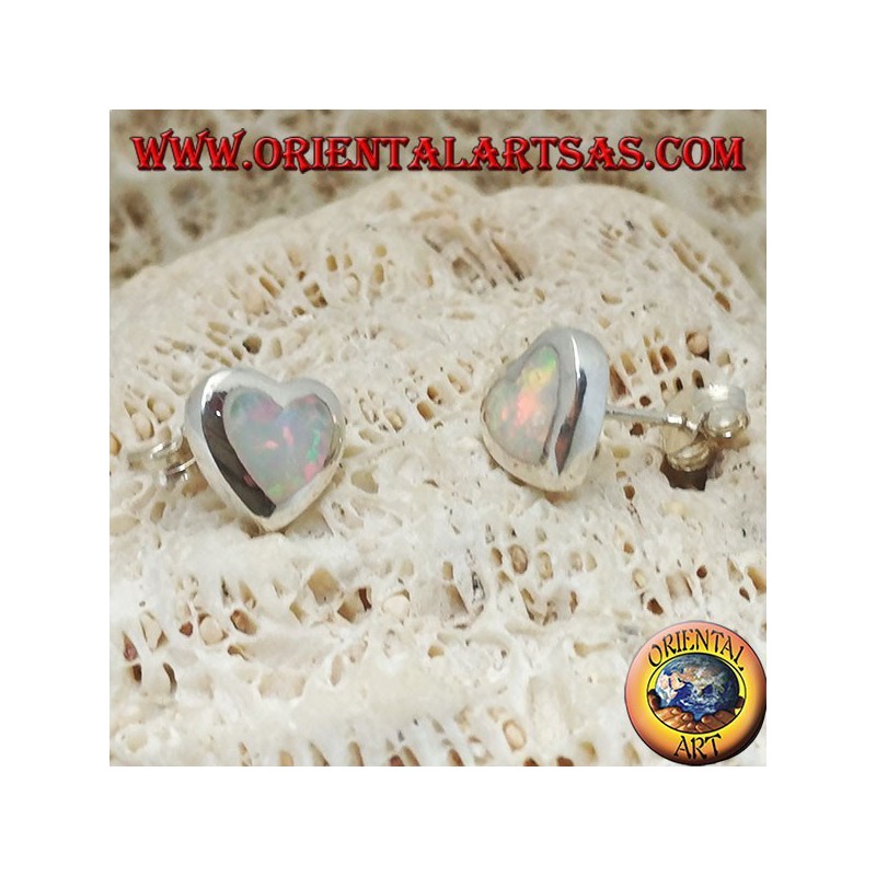 Silver lobe earrings with white heart-shaped opal and smooth frame