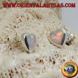 Silver lobe earrings with white heart-shaped opal and smooth frame