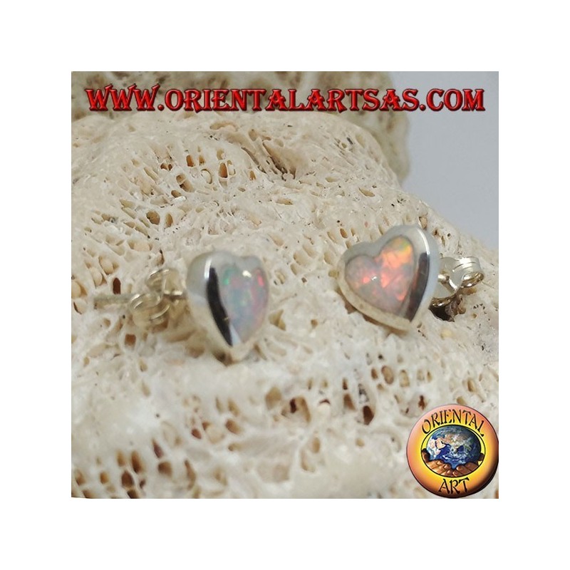 Silver lobe earrings with white heart-shaped opal and smooth frame