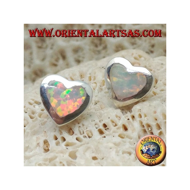 Silver lobe earrings with white heart-shaped opal and smooth frame