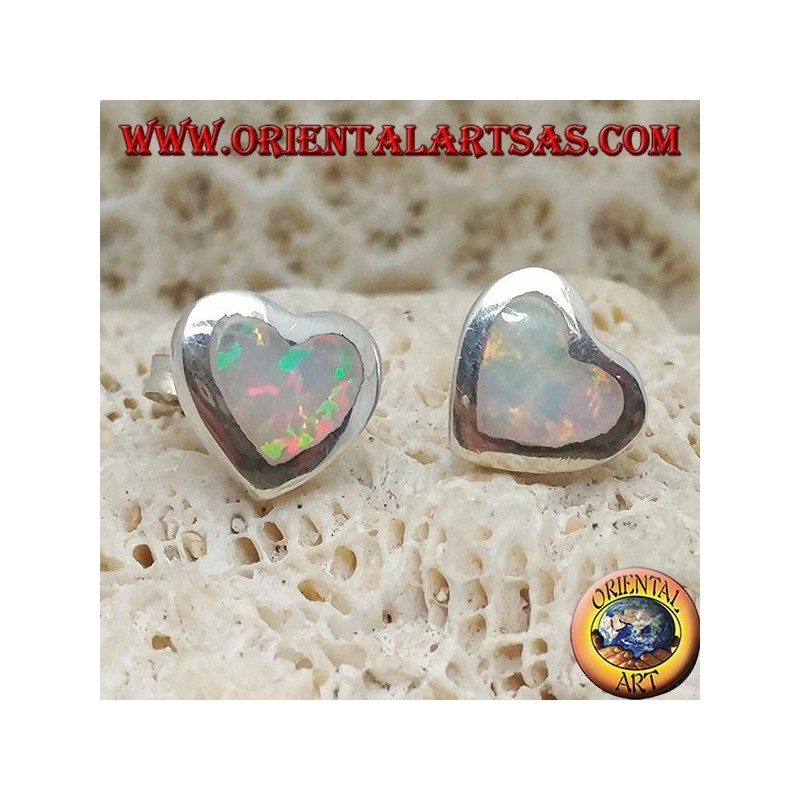 Silver lobe earrings with white heart-shaped opal and smooth frame