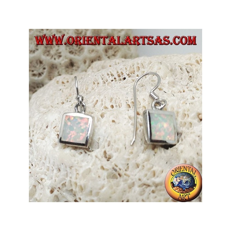 Silver earrings with square white opal and smooth frame