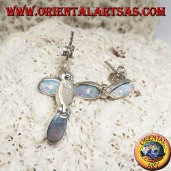 Silver lobe earrings with a row of three hanging oval white opals