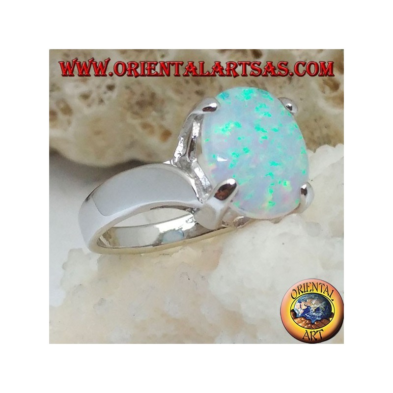 Silberring mit ovalem weißem Opal-Set und gebogenem Rahmen an den Seiten