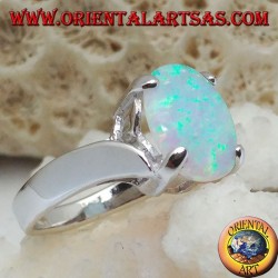 Silver ring with oval white opal set and curved frame on the sides