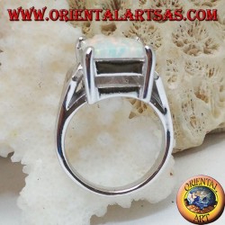 Silver ring with rectangular white opal set and V-shaped frame on the sides