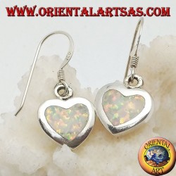 Silver pendant earrings with heart-shaped white opal and smooth frame