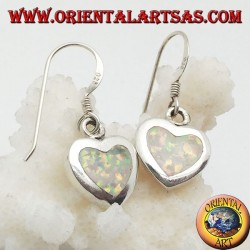 Silver pendant earrings with heart-shaped white opal and smooth frame