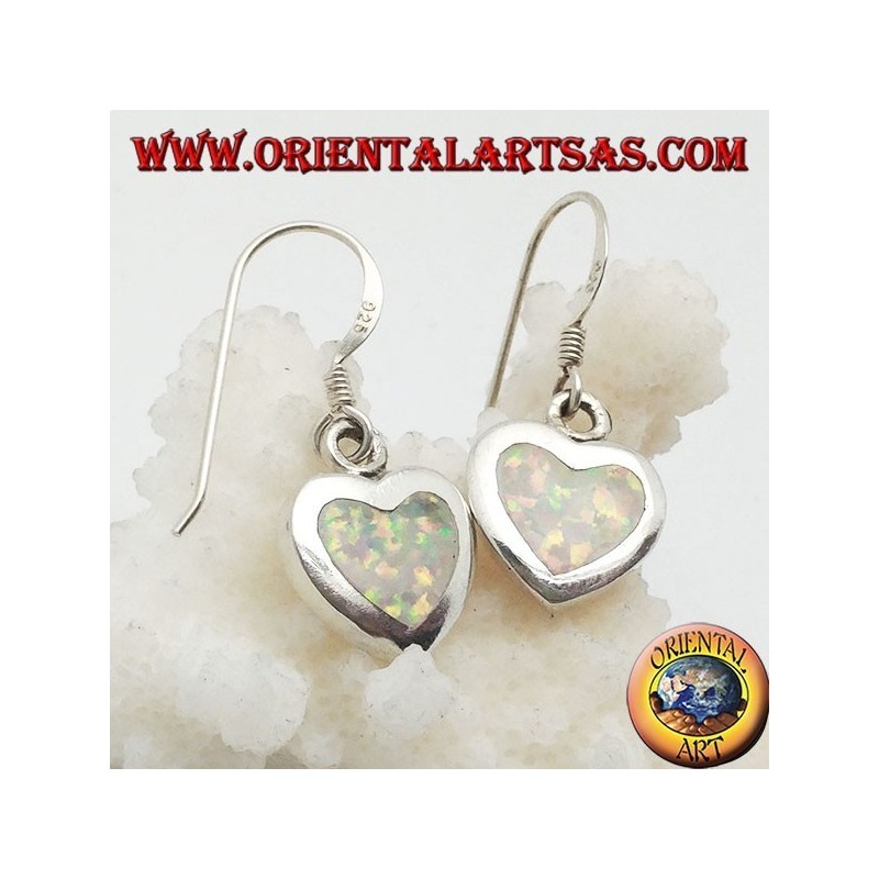 Orecchini in argento pendenti con opale bianco a forma di cuore e montatura liscia