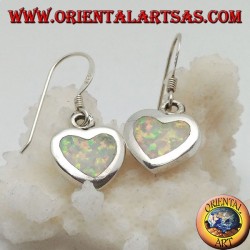 Silver pendant earrings with heart-shaped white opal and smooth frame