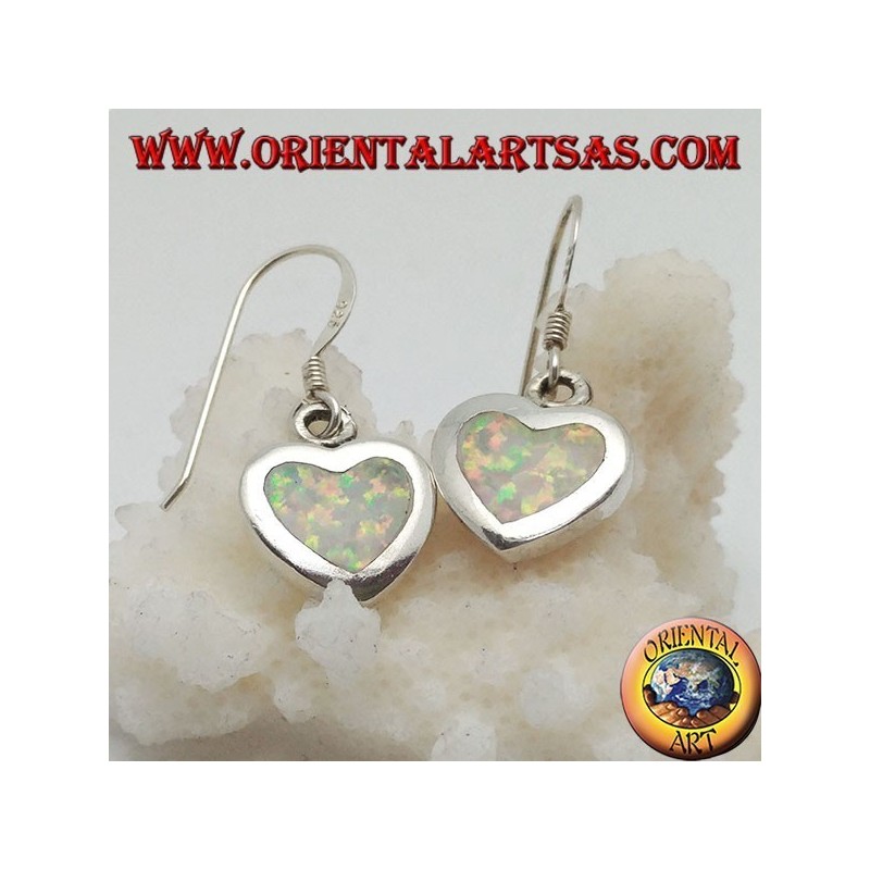 Orecchini in argento pendenti con opale bianco a forma di cuore e montatura liscia