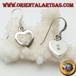 Silver pendant earrings with heart-shaped white opal and smooth frame