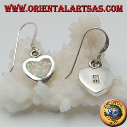 Silver pendant earrings with heart-shaped white opal and smooth frame