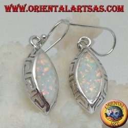 Silver earrings with white shuttle opal and openwork on the sides