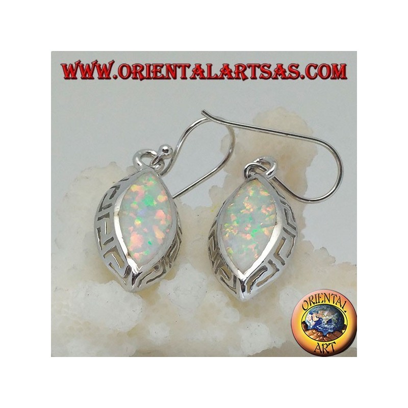 Silver earrings with white shuttle opal and openwork on the sides