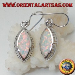 Silver earrings with white shuttle opal and openwork on the sides