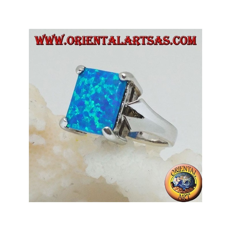 Anello con intarsio di opale di fuoco blu geometrico del sud-ovest e pietra preziosa nera - Anello lungo in argento sterling - Turchese, opali di fuoco rossi - Italia