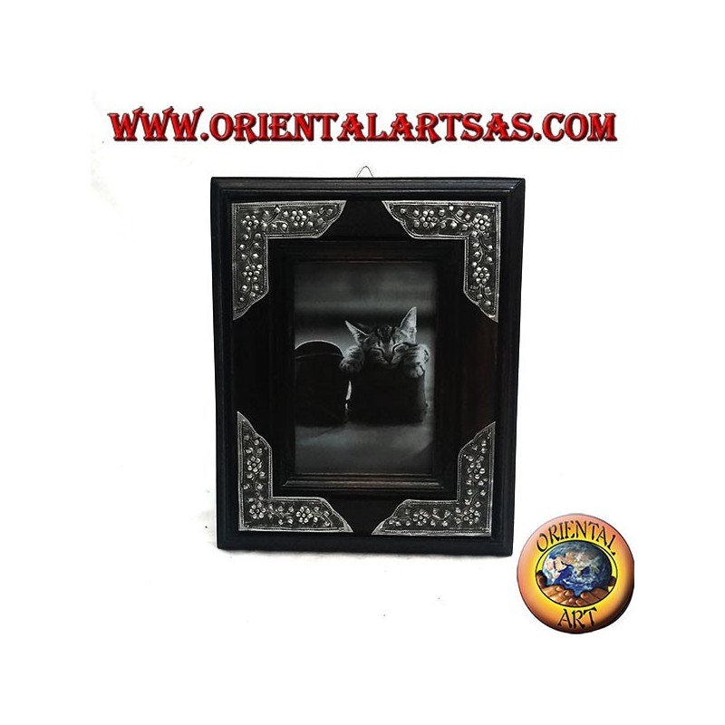 Fotorahmen aus Mangoholz mit vier 20 x 16 cm großen Silbereinsätzen mit Blumendekor