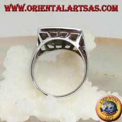 Silver ring with large square harlequin opal with openwork on the corners