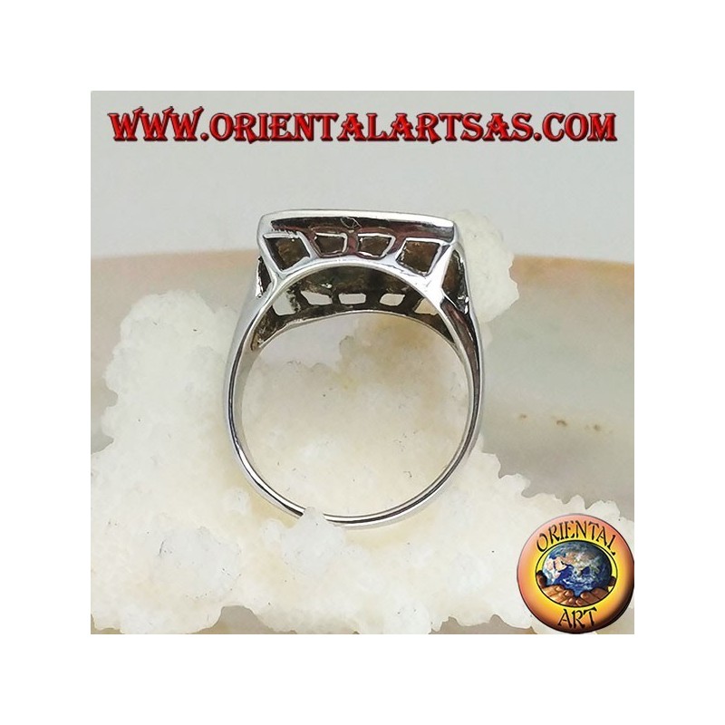 Silver ring with large square harlequin opal with openwork on the corners