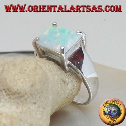 Silver ring with horizontal rectangular harlequin opal set in four