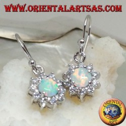 Silver pendant earrings with round harlequin opal surrounded by cubic zirconia (small)